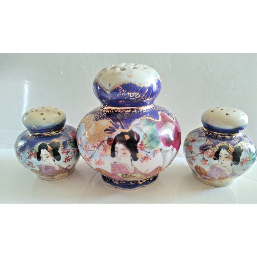 Rare Handpainted Japanese GEISHA Salt & Pepper & Sugar Shaker Set